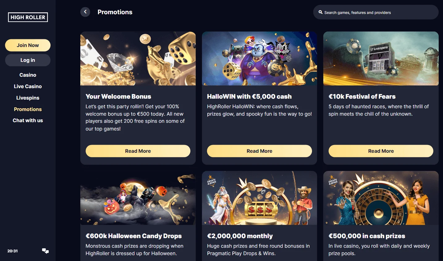 High Roller Casino promotions screen on a desktop browser