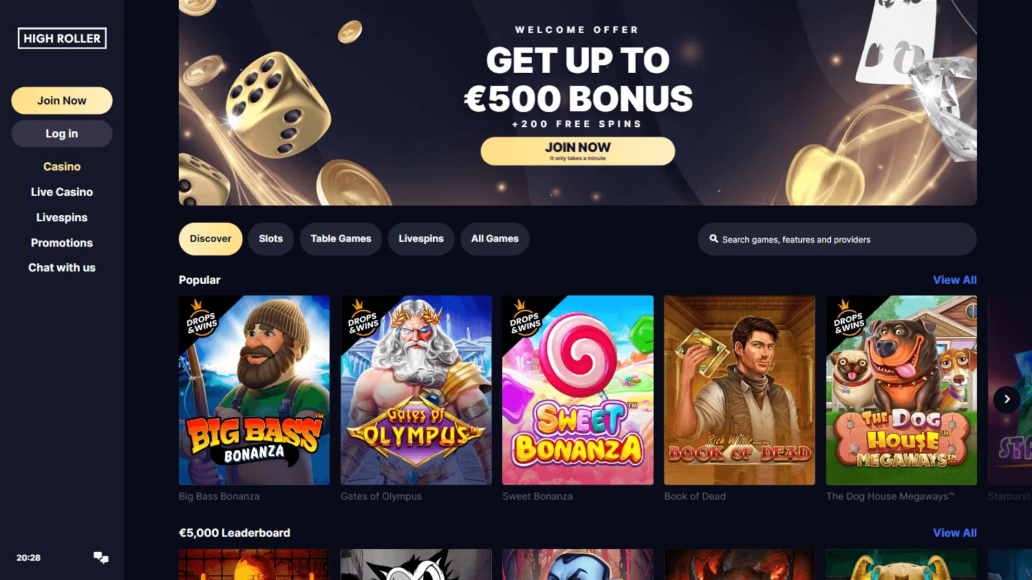 High Roller Casino games screen on a desktop browser