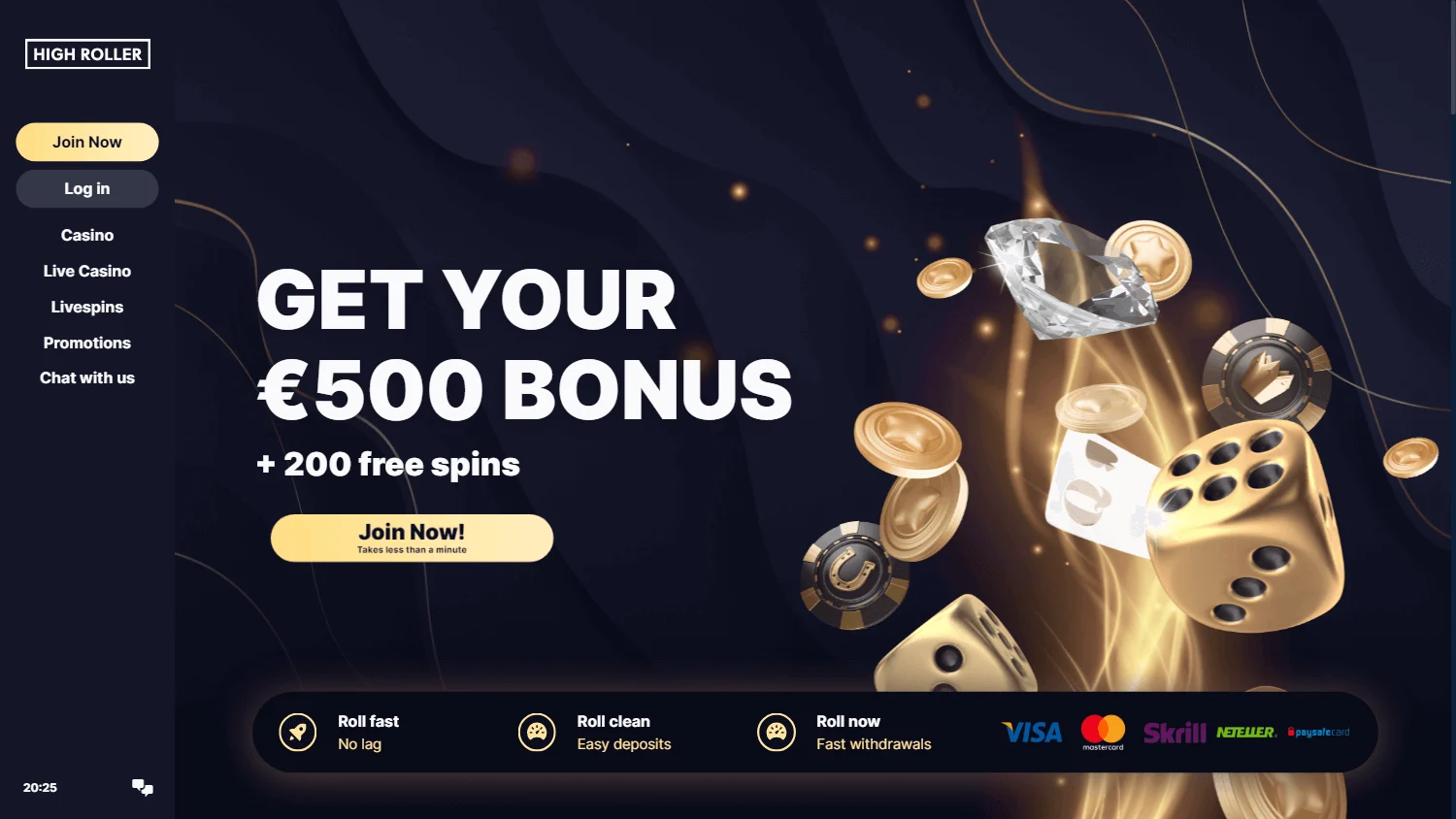 High Roller Casino home screen on a desktop browser