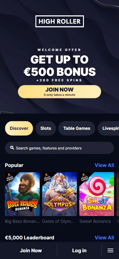 High Roller Casino games screen on a mobile browser